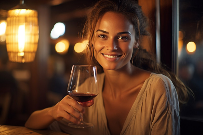 Smiling woman savoring wine in a warm inviting restaurant