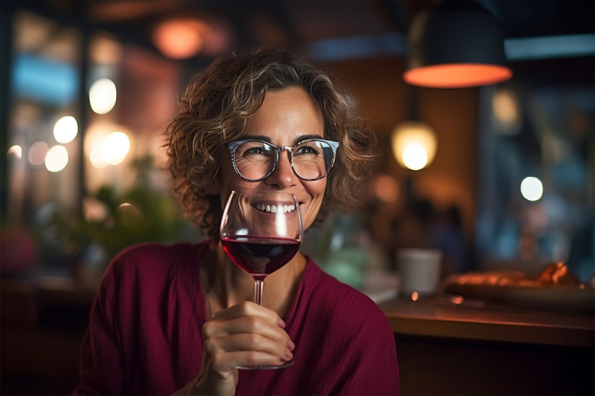 Smiling woman savoring wine in a warm inviting restaurant