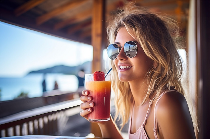 Happy woman enjoys a refreshing fruit smoothie at a seaside cafe