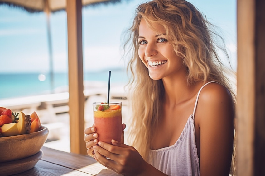 Happy woman enjoys a refreshing fruit smoothie at a seaside cafe