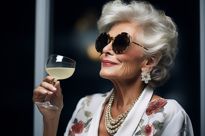 Elegant woman enjoys a martini at an exclusive cocktail event