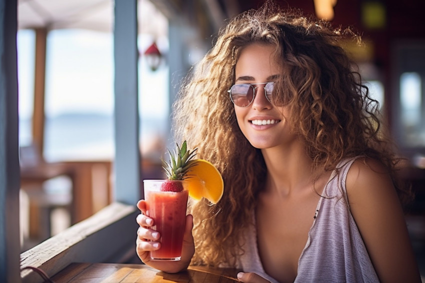 Happy woman enjoys a refreshing fruit smoothie at a seaside cafe