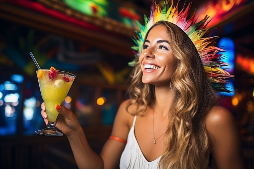 Elegant lady raises a fruity cocktail in a tropical themed bar