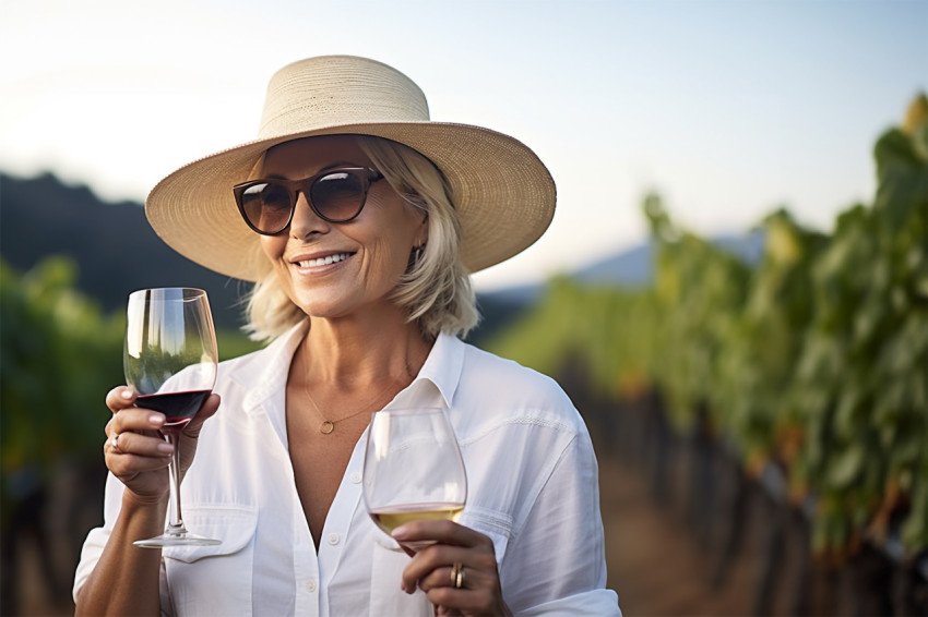 Happy woman savoring sparkling wine amid lush vineyards