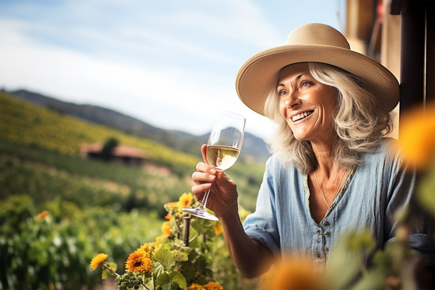 Happy woman savoring sparkling wine amid lush vineyards