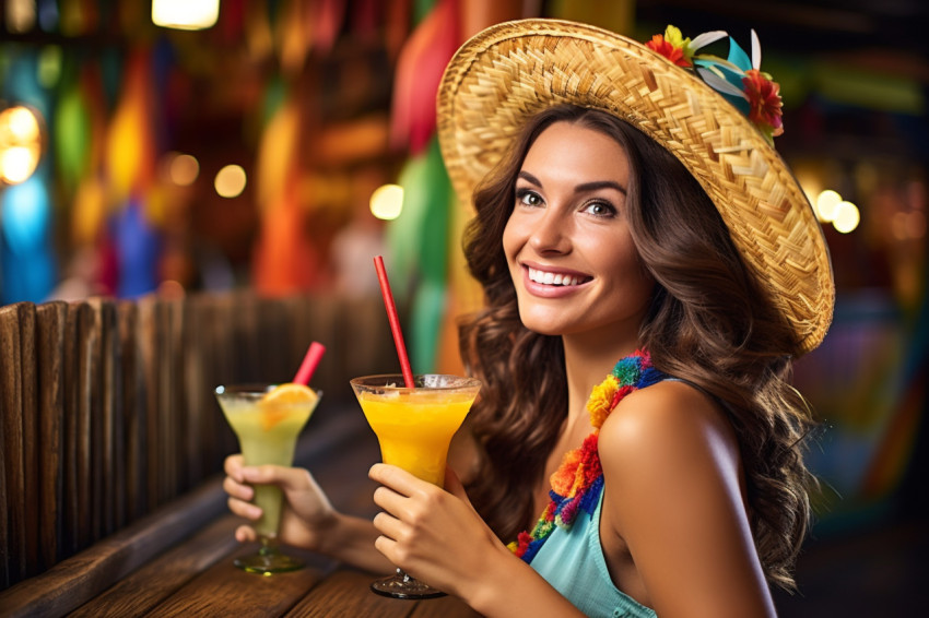 Elegant lady raises a fruity cocktail in a tropical themed bar