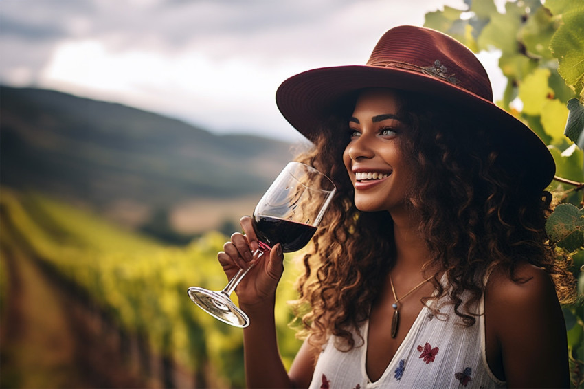 Happy woman savoring sparkling wine amid lush vineyards