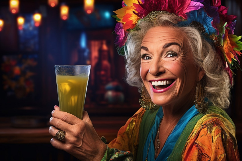 Elegant lady raises a fruity cocktail in a tropical themed bar