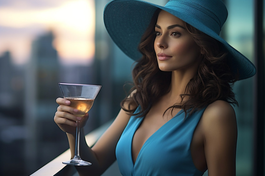 Elegant woman enjoying a refreshing cocktail at a rooftop bar