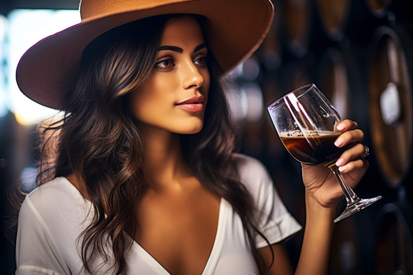 Stylish woman enjoys craft beer at a popular brewery