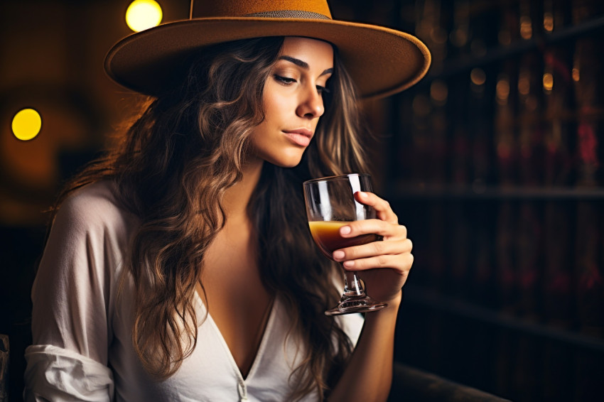 Stylish woman enjoys craft beer at a popular brewery