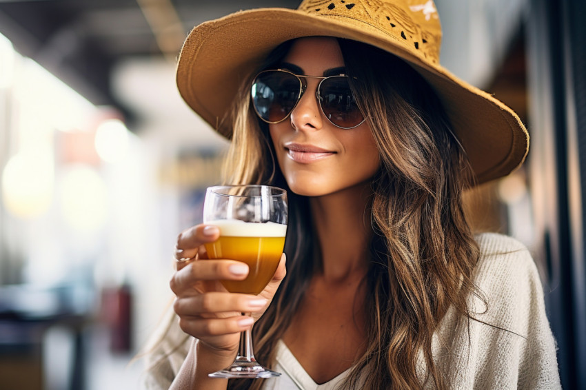 Stylish woman enjoys craft beer at a popular brewery