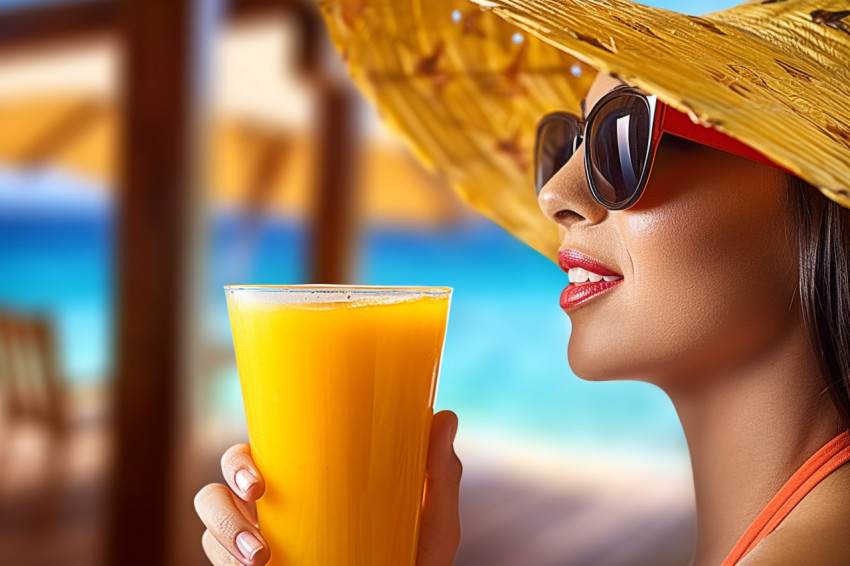 Woman enjoys a refreshing tropical fruit smoothie on an idyllic beach