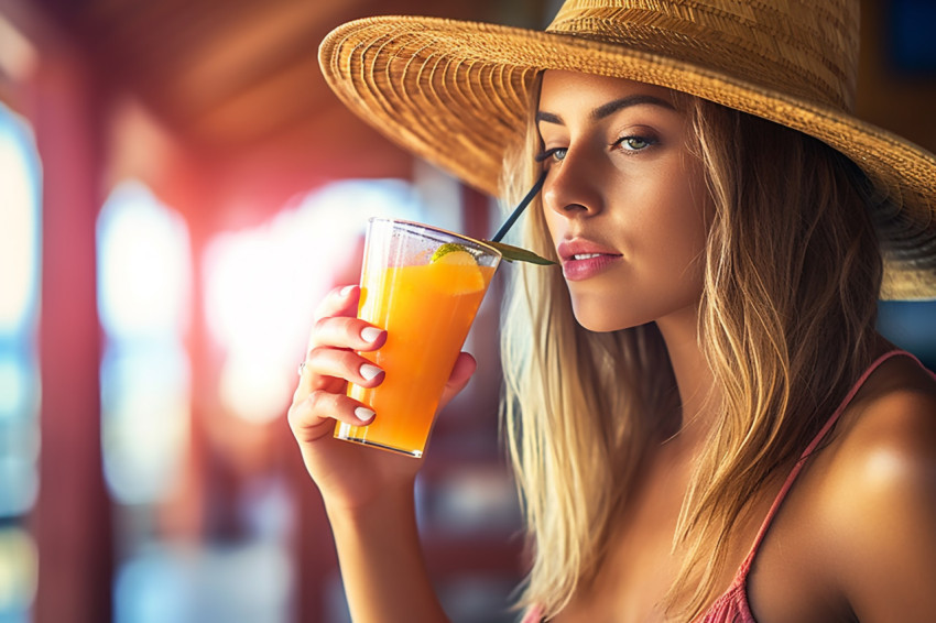 Woman enjoys a refreshing tropical fruit smoothie on an idyllic beach