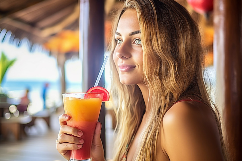 Woman enjoys a refreshing tropical fruit smoothie on an idyllic beach