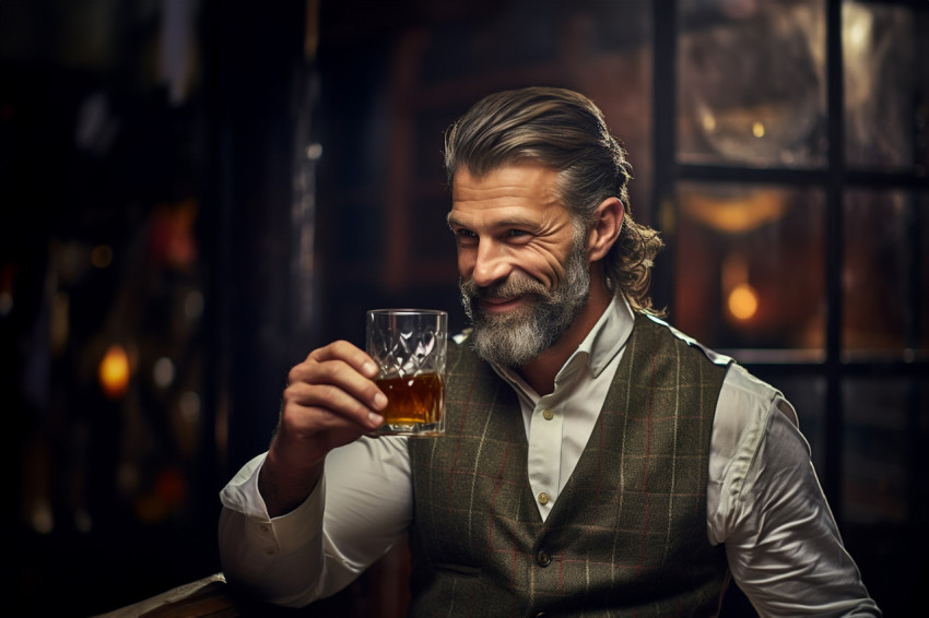 Dapper man enjoys whiskey at a secret bar