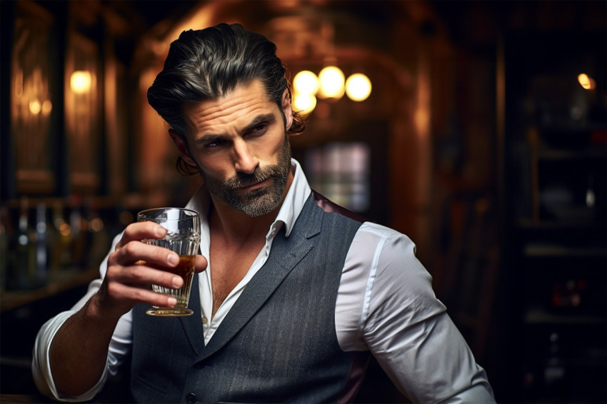 Dapper man enjoys whiskey at a secret bar