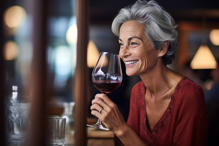 Elegant lady savoring wine at a stylish restaurant