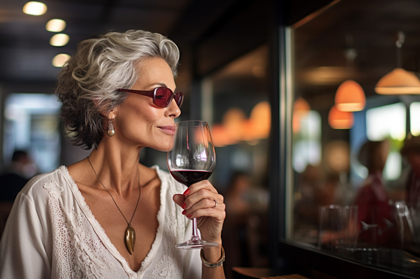 Elegant lady savoring wine at a stylish restaurant