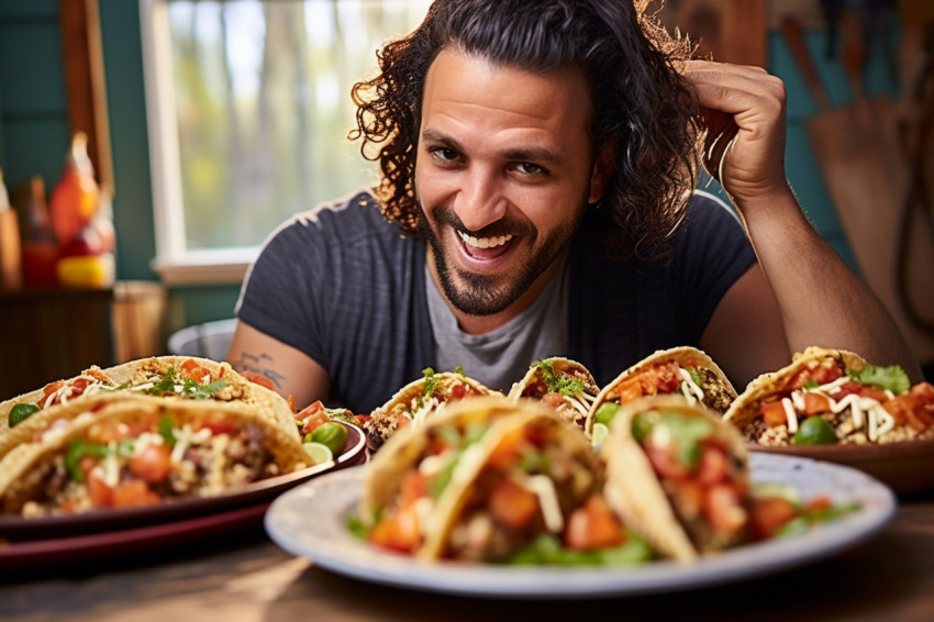 Handsome guy relishing delicious gourmet tacos