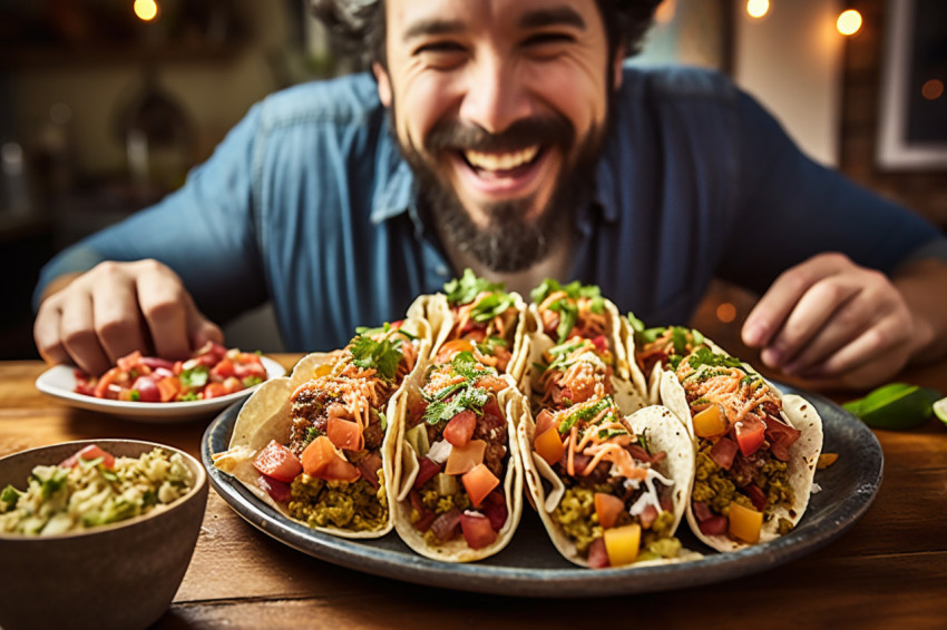 Handsome guy relishing delicious gourmet tacos