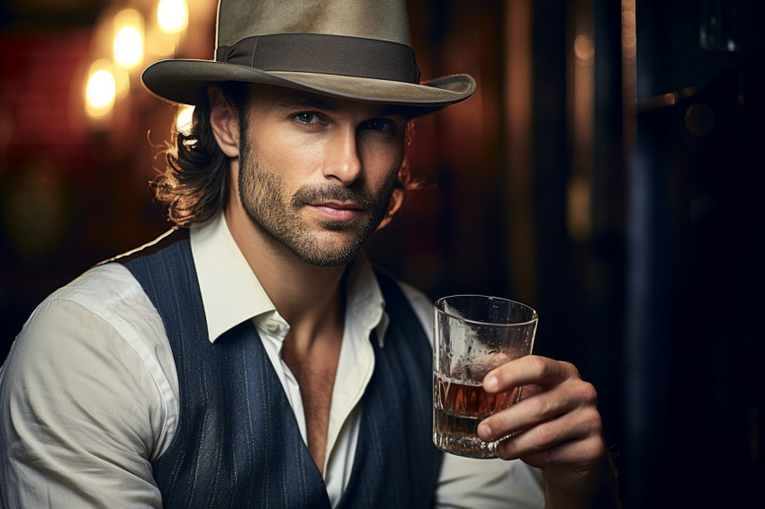 Dapper man enjoys whiskey at a secret bar