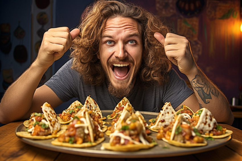 Handsome guy relishing delicious gourmet tacos