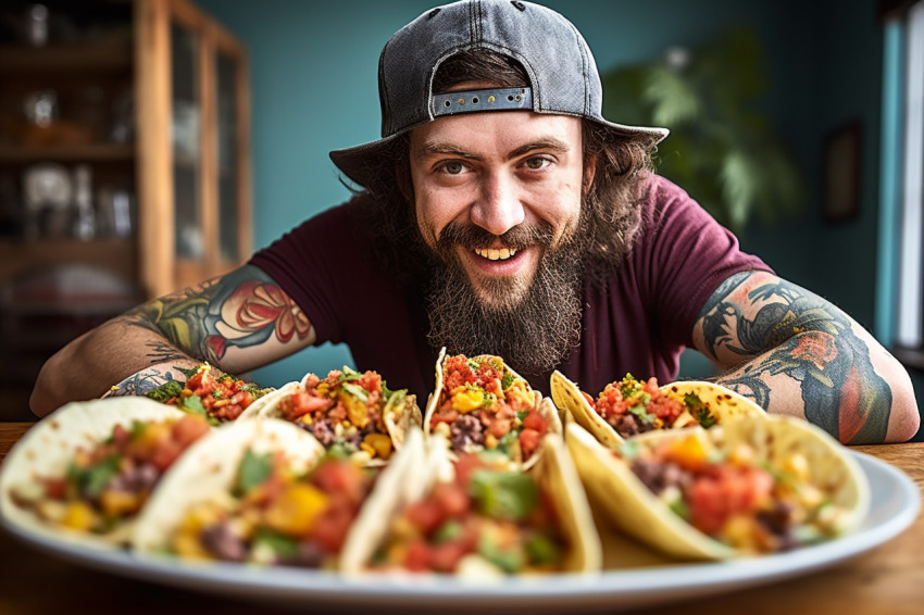 Handsome guy relishing delicious gourmet tacos