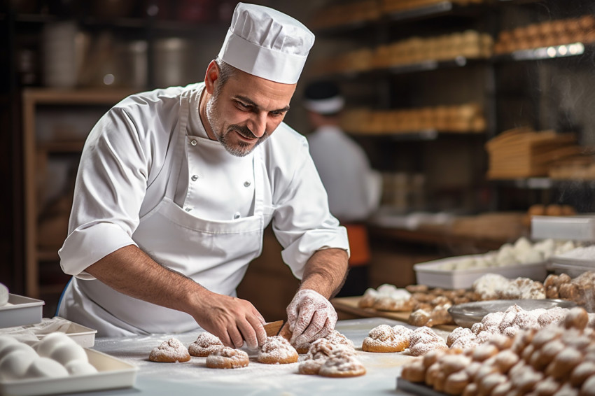 Skilled male pastry chef crafting desserts against a blured background