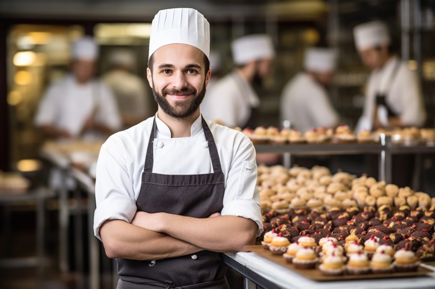 Skilled male pastry chef crafting desserts against a blured background