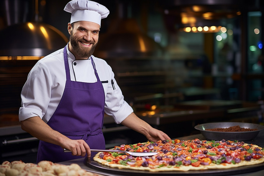 Skilled pizza chef expertly prepares delicious pizza in bustling kitchen on blured background