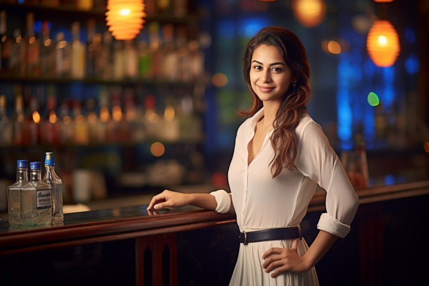 Skilled Indian woman bar manager oversees operations against a blured background