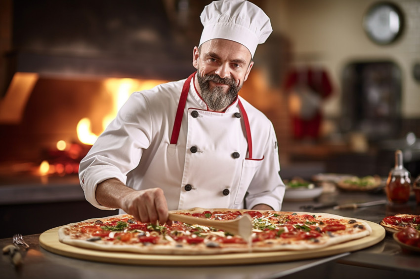 Skilled pizza chef expertly prepares delicious pizza in bustling kitchen on blured background