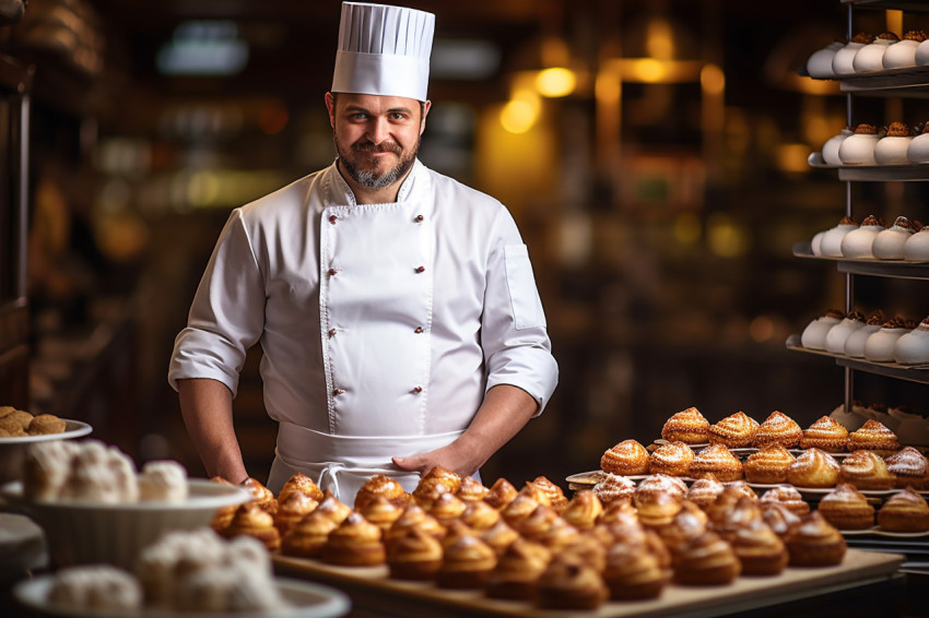 Skilled male pastry chef crafting desserts against a blured background