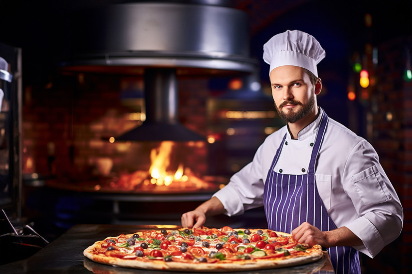 Skilled pizza chef expertly prepares delicious pizza in bustling kitchen on blured background