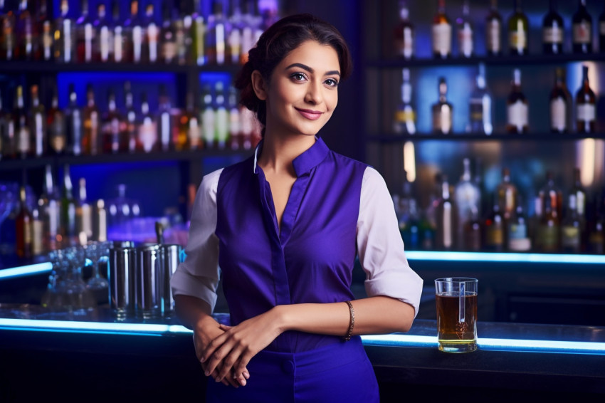 Skilled Indian woman bar manager oversees operations against a blured background