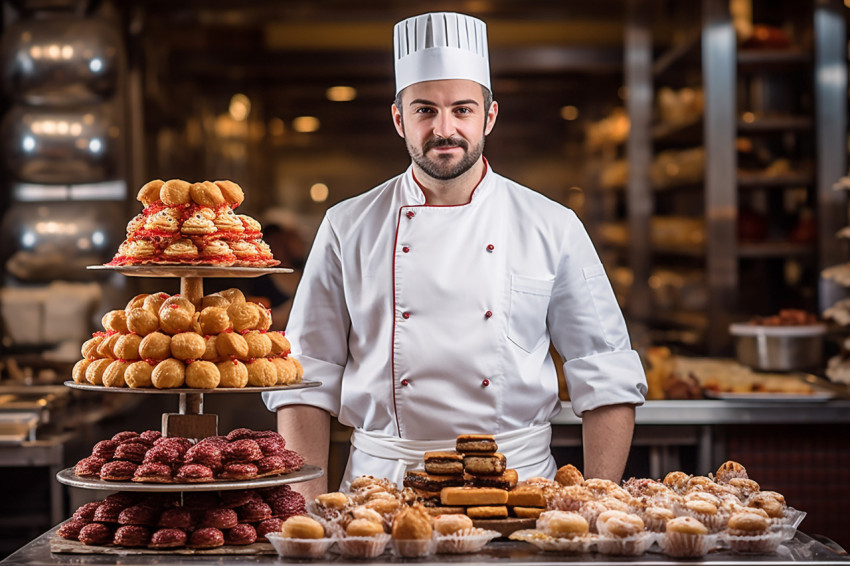 Skilled male pastry chef crafting desserts against a blured background