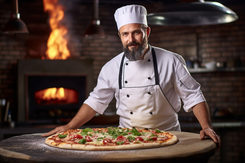 Skilled pizza chef expertly prepares delicious pizza in bustling kitchen on blured background