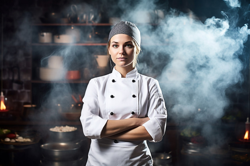 Skilled female chef preparing food in a busy kitchen on blured background