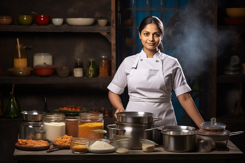 Skilled Indian female chef preparing food in a kitchen on blured background