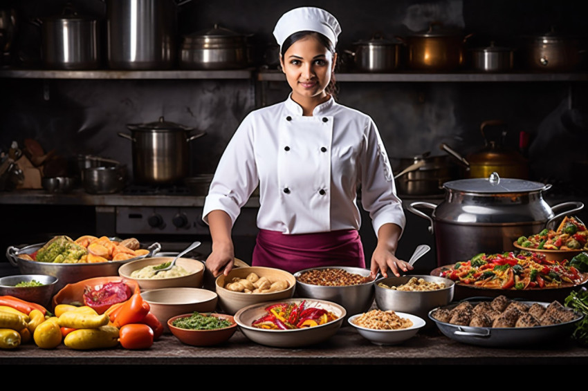 Skilled Indian female chef preparing food in a kitchen on blured background