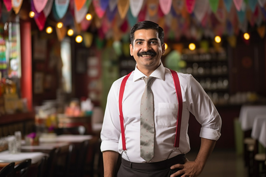 Dedicated Indian restaurant manager working diligently on blured background