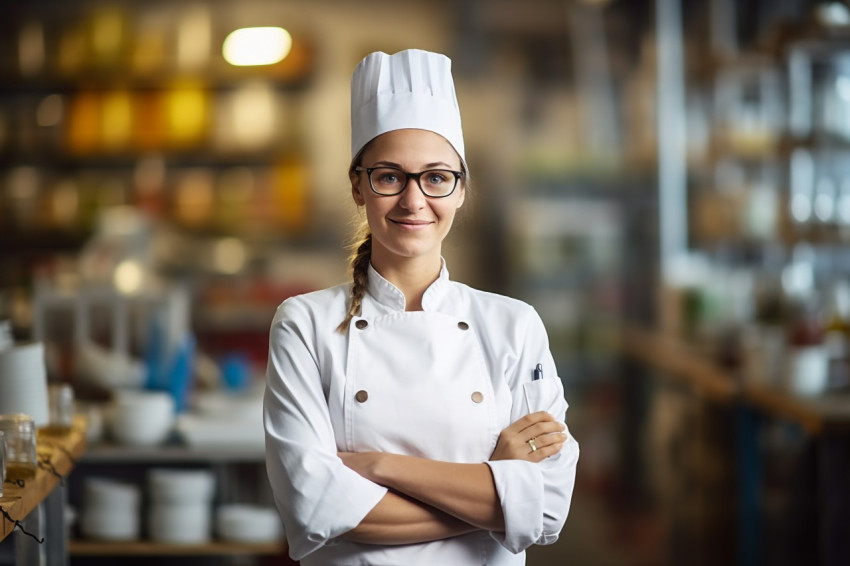 Skilled female chef preparing food in a busy kitchen on blured background