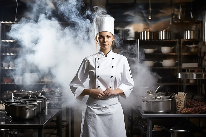 Skilled female chef preparing food in a busy kitchen on blured background