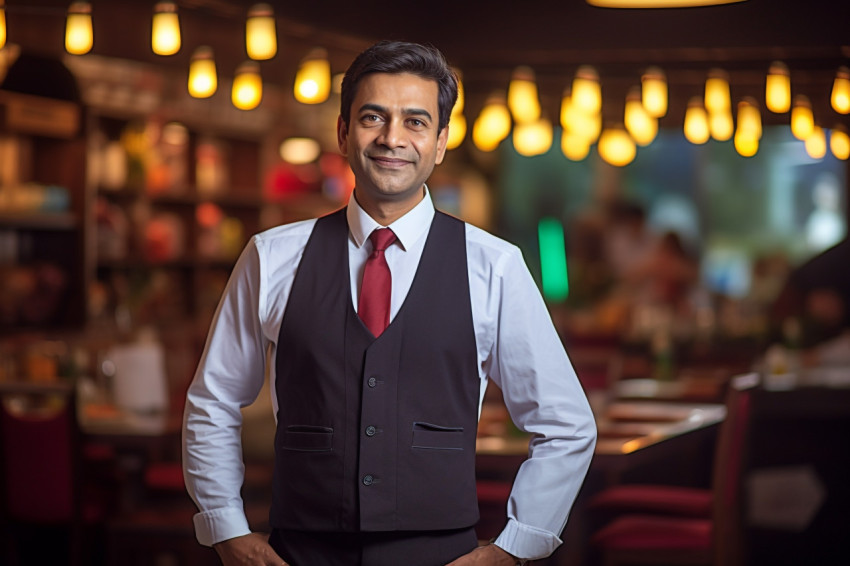 Dedicated Indian restaurant manager working diligently on blured background