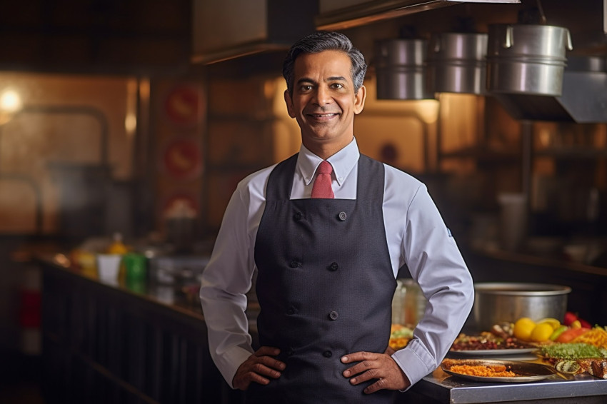 Dedicated Indian restaurant manager working diligently on blured background