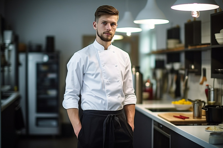 Skilled kitchen manager overseeing operations with a calm demeanor a blurred background