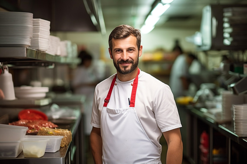 Skilled kitchen manager overseeing operations with a calm demeanor a blurred background