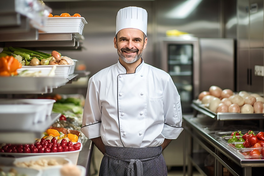 Skilled kitchen manager overseeing operations with a calm demeanor a blurred background