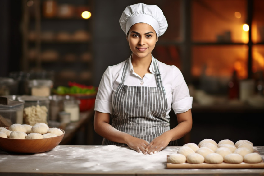 Skilled Indian woman baker kneads dough in her kitchen a blurred background